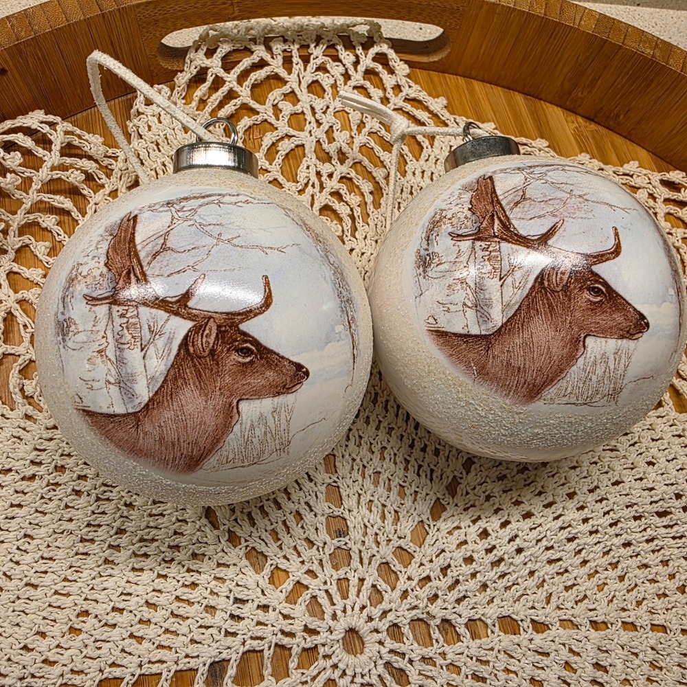 Christmas Glass Deer Ornaments 3" White Glitter Brown Buck, Set of 2